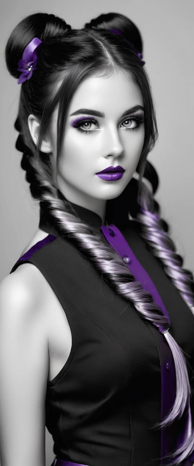 ((Monochrome, Photo noire et violet)), Sublime femme avec deux très longues queues de cheval de chaque côté, double queues de cheval, double twin ponytails, twin tails, Lèvres détaillées, Yeux détaillés, regard intense, cils détaillés, visage détaillé, long cheveux violet, visage de séduction, ((maquillage violet)), photo du milieu du corps, ((porte un costume)),(( Une cravate violette, photo noir et blanc et violet, only black and white and purple photo)), (((photo noir et blanc et violet, only black and white and purple photo, le maquillage et les cheveux, b/w, B&W,long twin ponytails)))