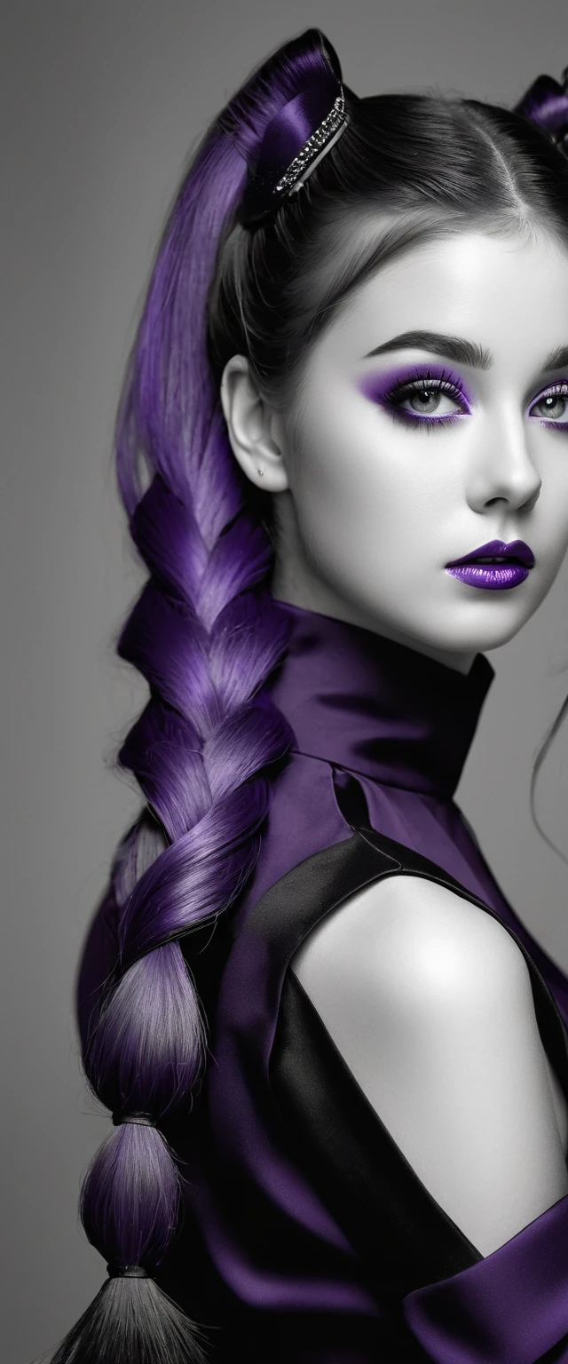 ((Monochrome, Photo noire et violet)), Sublime femme avec deux très longues queues de cheval de chaque côté, double queues de cheval, double twin ponytails, twin tails, Lèvres détaillées, Yeux détaillés, regard intense, cils détaillés, visage détaillé, long cheveux violet, visage de séduction, ((maquillage violet)), photo du milieu du corps, ((porte un costume)),(( Une cravate violette, photo noir et blanc et violet, only black and white and purple photo)), (((photo noir et blanc et violet, only black and white and purple photo, le maquillage et les cheveux, b/w, B&W,long twin ponytails)))