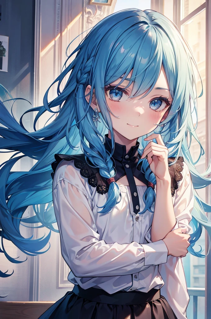 1.5, best quality, high quality, High definition, High quality texture, high detail, beautiful detailed, finely detailed, extremely detailed cg, detailed texture, 1man, boy, male, ((casual)), loose clothing, skirt, blue hair, braided hair, smirking, confident, cocky, flat chest, androgynous, portrait, close up, girlish face