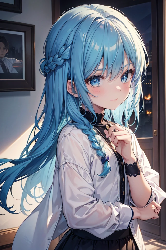 1.5, best quality, high quality, High definition, High quality texture, high detail, beautiful detailed, finely detailed, extremely detailed cg, detailed texture, 1man, boy, male, ((casual)), loose clothing, skirt, blue hair, braided hair, smirking, confident, cocky, flat chest, androgynous, portrait, close up, girlish face