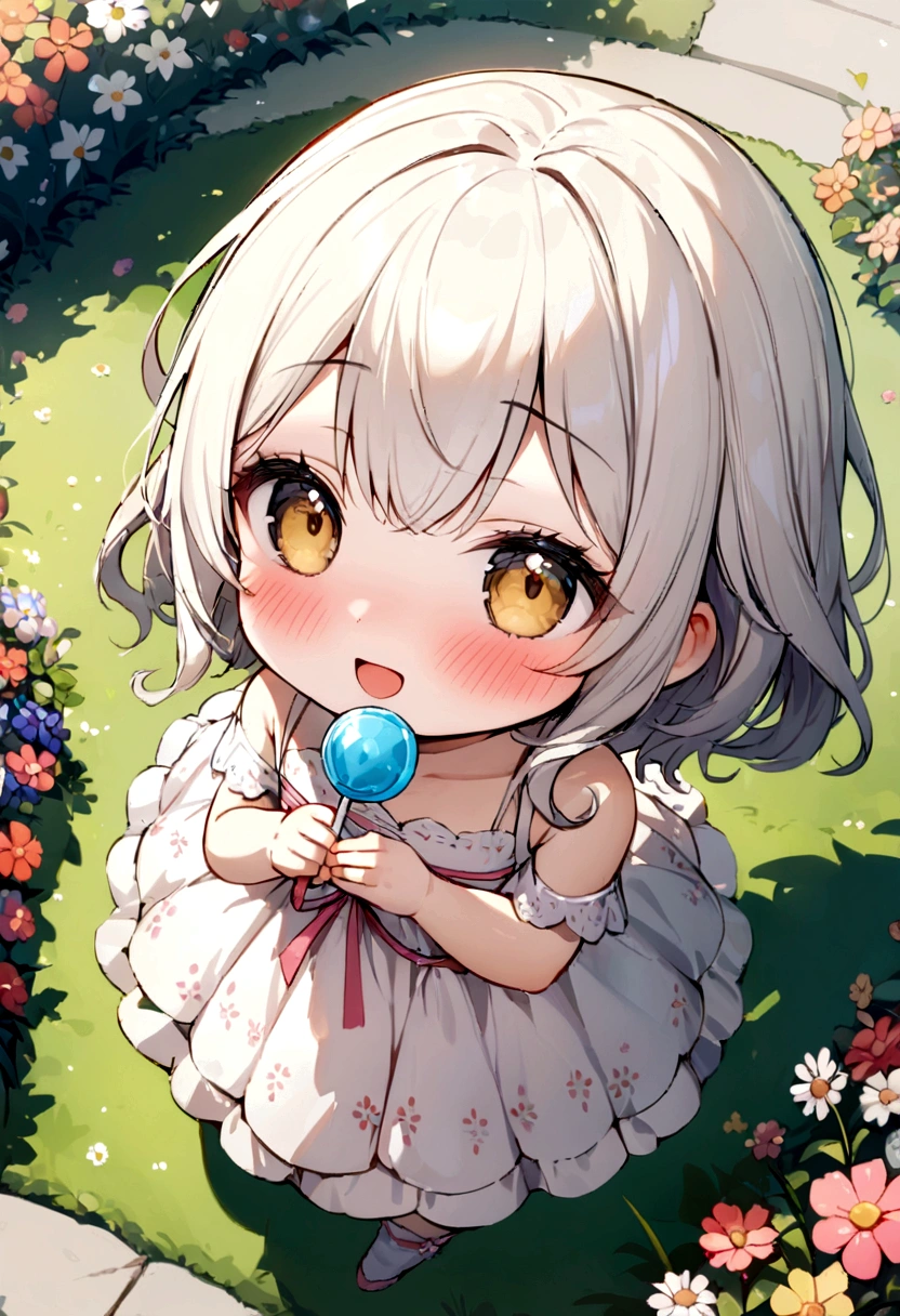 masterpiece,ultra detail,best quality,1girl,,chibi, watahana,outdoor,flower garden,happy,blush pretty dress,holding large lollipop candy,from above,kirakira effect,