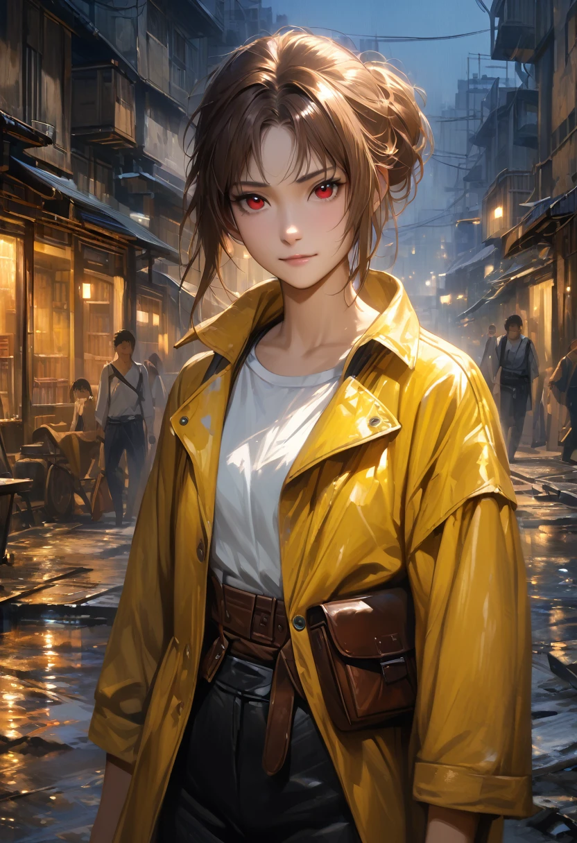 (adult), (woman) ((tall)), ((Elana From Library of ruina)), masterpiece, best quality, dark aura, brown hair, ((updo hair)), messy spiked hair , red eyes, plain white shirt, Yellow coat, black pants, ((leather waist pack)), (faint smile), realistic anime style, oil painting, slums background, night.