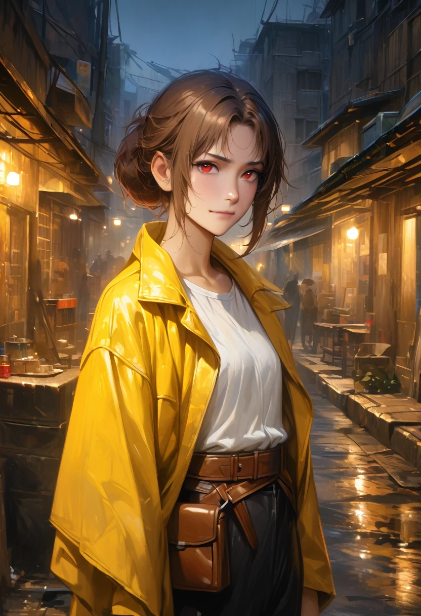 (adult), (woman) ((tall)), ((Elana From Library of ruina)), masterpiece, best quality, dark aura, brown hair, ((updo hair)), messy spiked hair , red eyes, plain white shirt, Yellow coat, black pants, ((leather waist pack)), (faint smile), realistic anime style, oil painting, slums background, night.