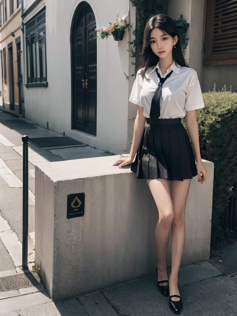absurdres, RAW photo, extremely delicate and beautiful, masterpiece, Best Quality, ultra high resolution, 32k, hyperrealistic, ultra-detailed, in her 20s, delicate facial features, tearful mole, earring, medium breasts, ((full body shot)), shorter middle hair, black hair, ((summer school_uniform)), shirt, skirt, tie,