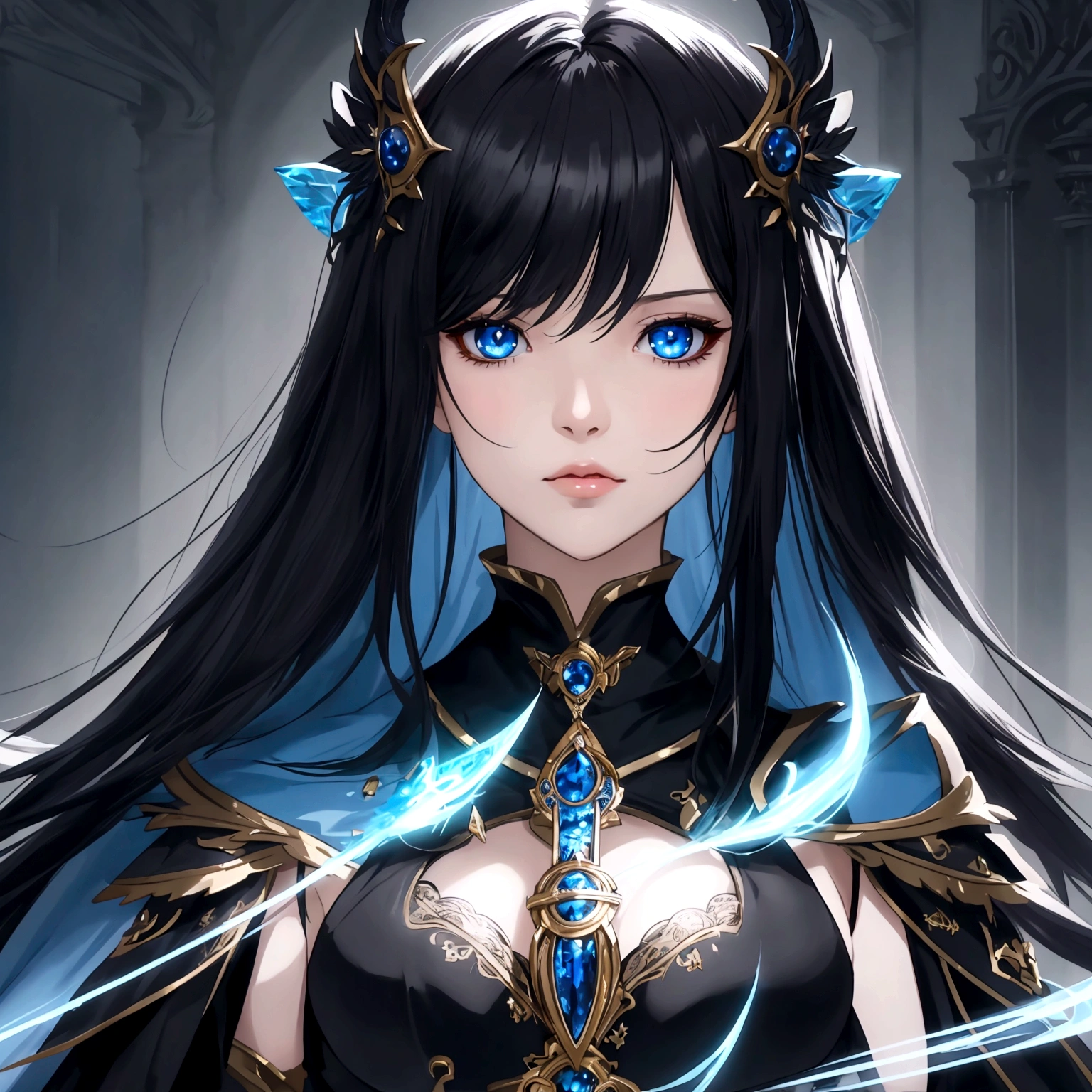 masterpiece, best quality, 1woman adult, female focus, solo, black hair, vibrant blue eyes, long hair, looking at viewer, closed mouth, bangs, Fantasy aesthetics, Highly detailed, shadowverse style, black attire, sorceress
