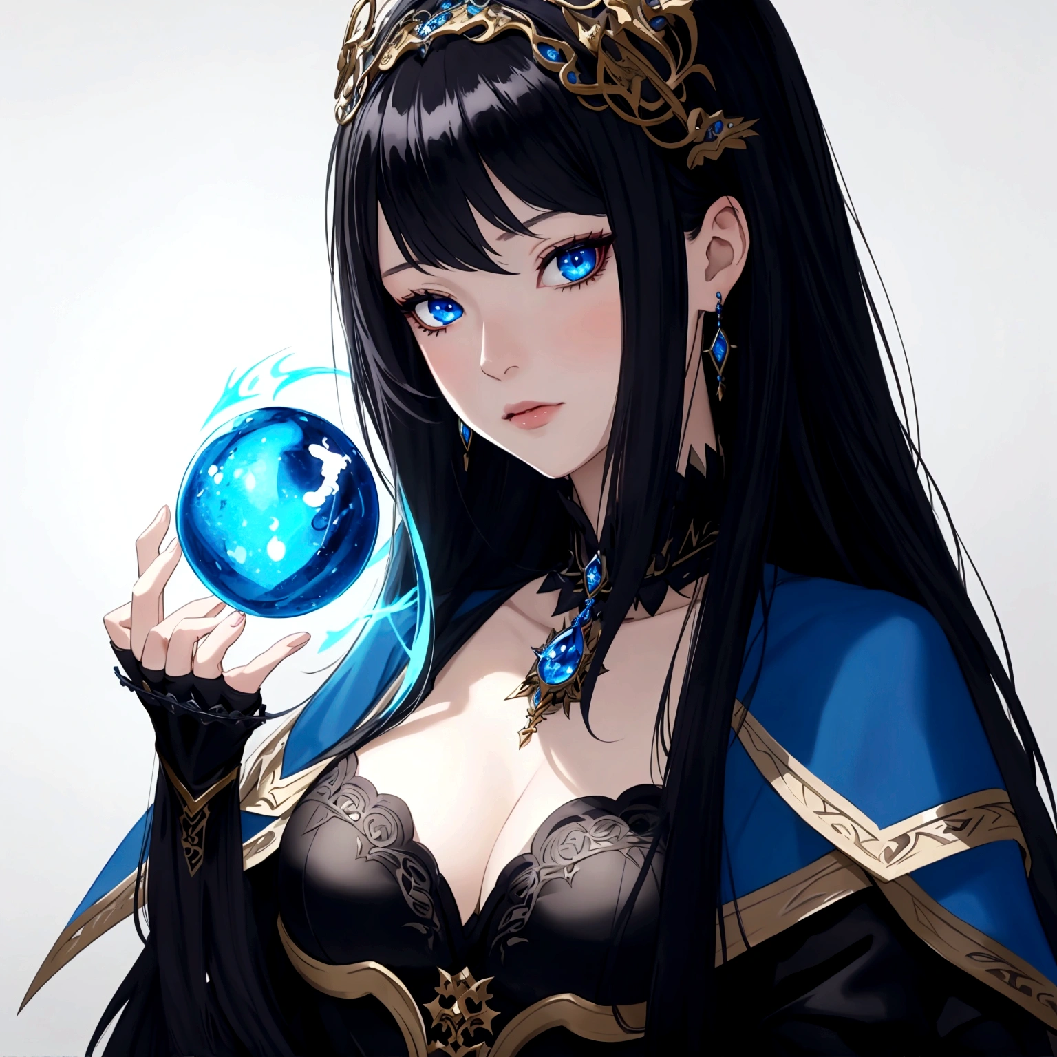 masterpiece, best quality, 1woman adult, female focus, solo, black hair, vibrant blue eyes, long hair, looking at viewer, closed mouth, bangs, Fantasy aesthetics, Highly detailed, shadowverse style, black attire, sorceress
