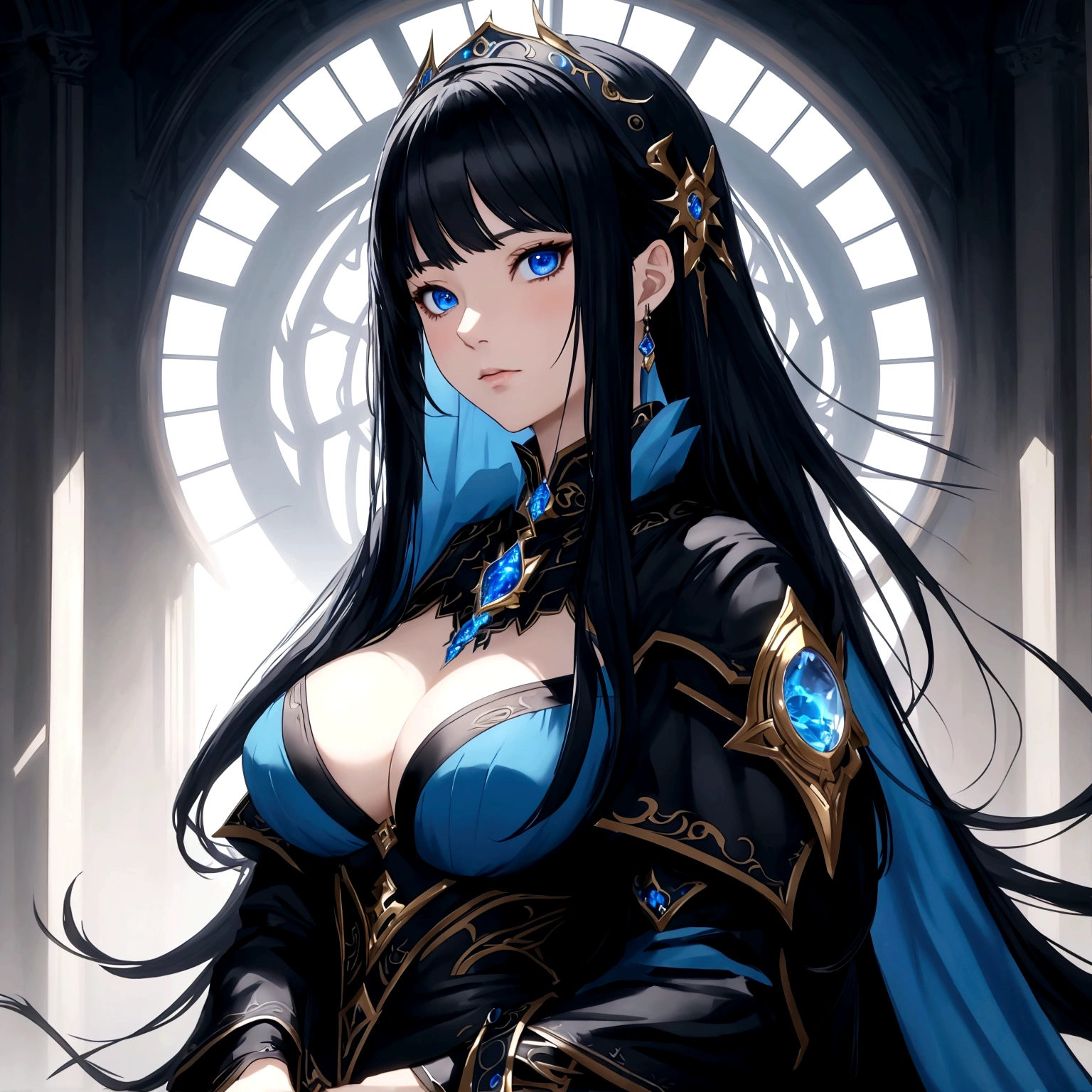 masterpiece, best quality, 1woman adult, female focus, solo, black hair, vibrant blue eyes, long hair, looking at viewer, closed mouth, bangs, Fantasy aesthetics, Highly detailed, shadowverse style, black attire, sorceress
