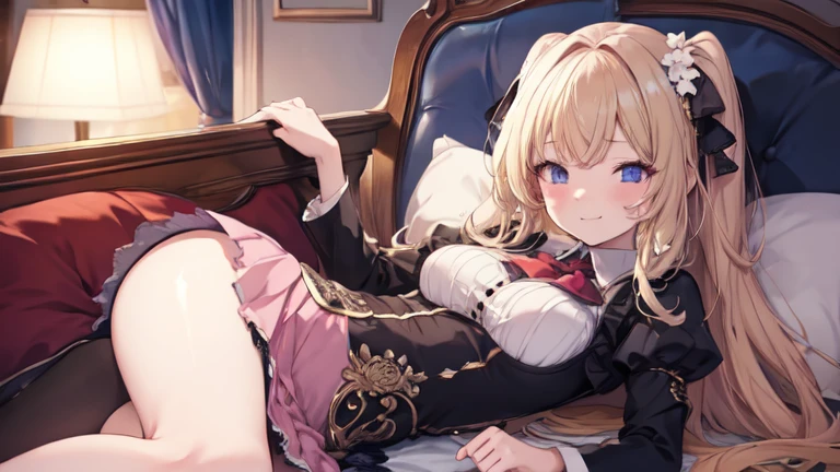 floor、Short skirt,Clothes with intricate details,pattern,Swimsuit,one person,blond,Sexy、Deep sleep、long hair、Stockings