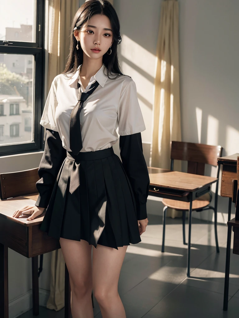 absurdres, RAW photo, extremely delicate and beautiful, masterpiece, Best Quality, ultra high resolution, 32k, hyperrealistic, ultra-detailed, in her 20s, delicate facial features, tearful mole, earring, medium breasts, ((full body shot)), shorter middle hair, black hair, ((summer school_uniform)), shirt, skirt, tie,