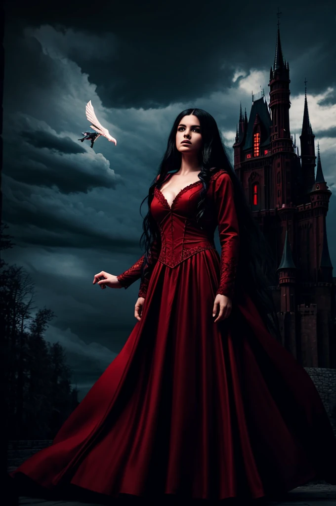 an angel woman, long flowing black hair, wearing a red gown, flying over a dark castle in Hell, fantasy lighting, bright atmosphere, fantasy, gothic, dramatic clouds