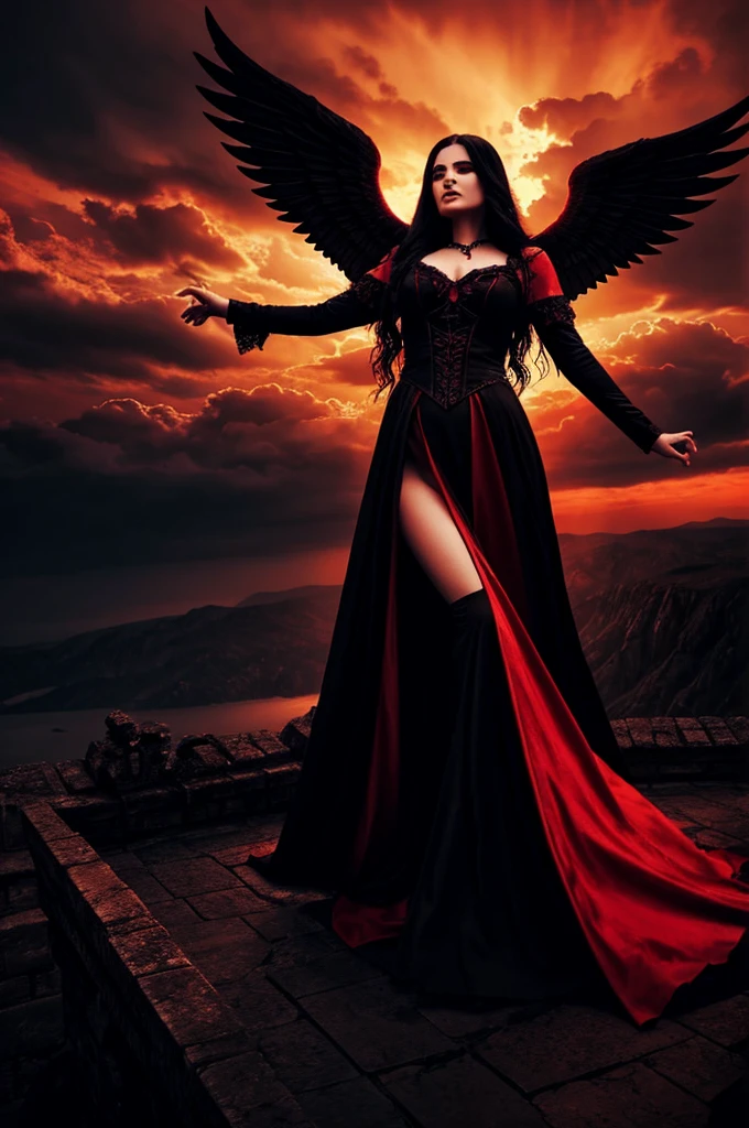 an angel woman, long flowing black hair, wearing a red gown, flying over a dark castle in Hell, fantasy lighting, bright atmosphere, fantasy, gothic, dramatic clouds