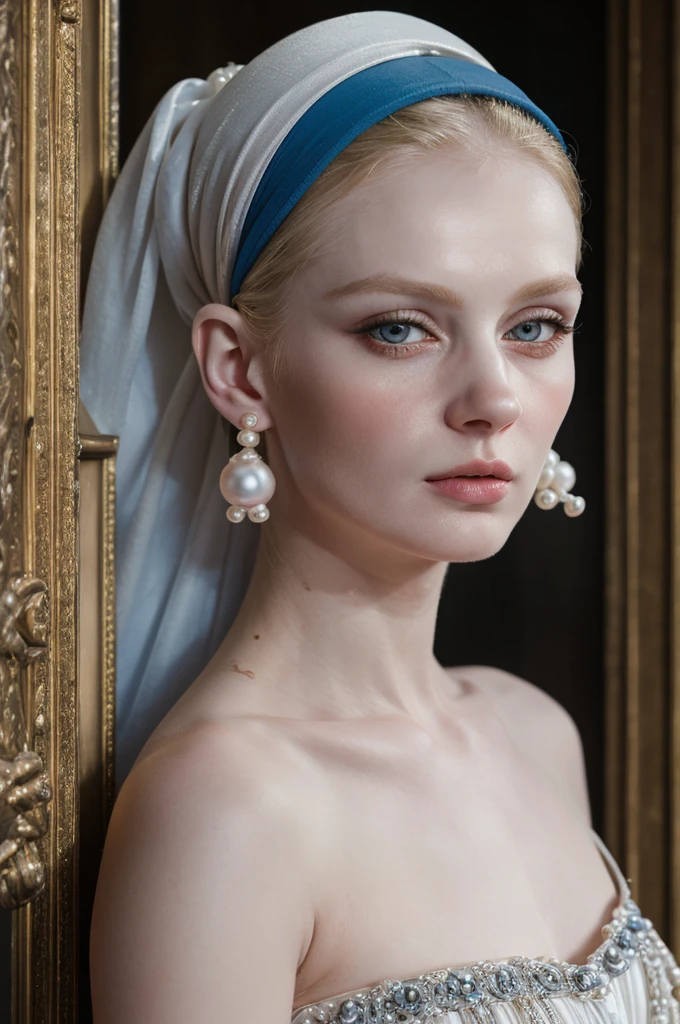 a blonde woman with a blue turban and pearl earrings poses for a picture, pearl earring, girl with pearl earring, girl with the pearl earring, girl with a pearl earring, girl with a pearl earringl, monia merlo, johannes vemeer, steven meisel, with pale skin, pale woman, inspired by Johannes Vermeer, with a white complexion