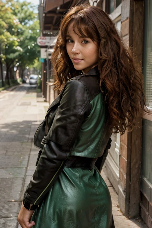 A 30-year-old American girl, white skin (body like Leana Lovings) and  centimeters long very curly red hair. Curly hair, wind curled bangs, highly detailed face, 8k, full body with almost curly wavy hair ((curly hair)), medium complexion body, cute smile, open mouth, perfect teeth, view from behind, looking at camera , ((on a lonely street)), detailed face, brown eyes, heart face. Soft and perfect skin. (((Green dress, leather jacket)))