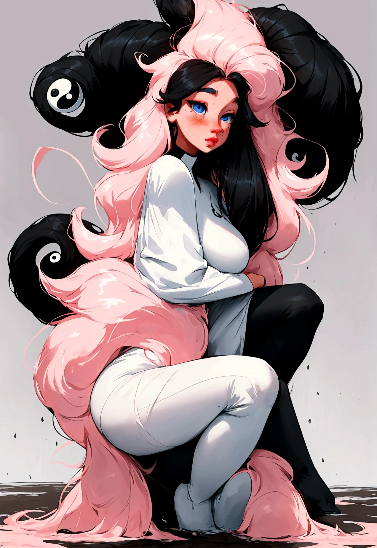 She is a UA student leaving classes. Her hair is black with a white streak and is so long that it reaches her knees., He has blue eyes with a yin and yang symbol.,has a tail and ears made of mud, and freckles on the cheeks ,big breasts big pink lips