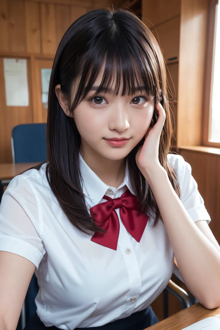 masterpiece, Upper Body Shot, Young and beautiful woman in Japan, She sits in a chair, cheek to cheek, a big smile on her face., Attractive person, Wearing a short-sleeved white collared shirt with a plain shiny red satin bow tie, Really cute face, Glossy Lips, Double eyelids on both eyes, Natural Makeup, Long eyelashes, Shiny, smooth, light brown medium length hair, Asymmetrical bangs, Sunburned skin, In the classroom, Head Frame, Center image, 8K resolution, High detail, Detailed hairstyle, Detailed face, Spectacular movie lighting, Octane Rendering, Vibrant, Ultra-realistic, Perfect limbs, Perfect Anatomy