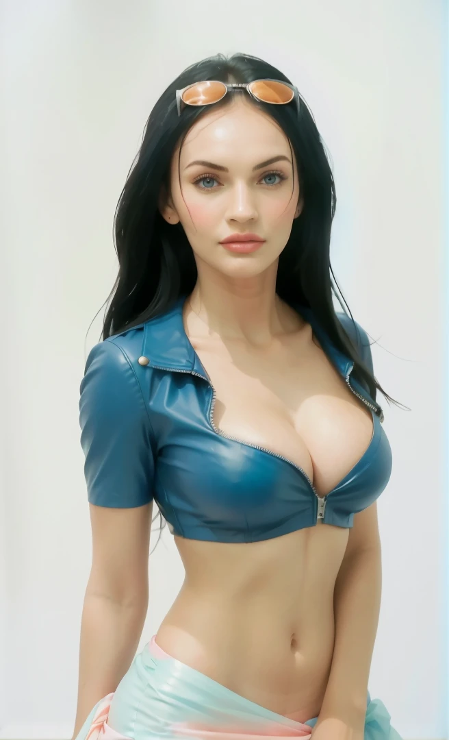 Woman in dark blue leather jacket posing on a white wall, seductive lady, very seductive pose, scantily clad, beautiful figure, Nico Robin, standing, slim pink sarong, stunning attractive figure, beautiful photo of sexy woman, looking seductively in front, black hair, Nico robin from One Piece, 18 years old, big breasts, Beautiful white girl,nico robin, IG model, natural beauty, hair back, standing on the floor, 18 years old, perfect skin, beautiful young girl, 1 girl, long hair, black hair, unique, sky blue eyes, 18 years old, white skin, natural makeup, big chest, chest perfect, big breasts, Nico robin from One Piece, seductive, dark blue leather jacket and pink sarong, perfect, seductive, looking at the camera, happy, lovely, really big breasts, big tits, big breast, perfect eyes, ultra realistic 8K CG, masterpiece, ((white background, delicate pattern, intricate details)), (highly detailed, fine details), best quality, 1 girl, big breasts ), 18 years old, white skin, feminine, charming, hair back, perfect body, standing on the floor, A close-up of a woman wearing a blue leather jacket, pink sarong, hair back, Beautiful figure, very seductive pose, sexy, sweet girl, pink sarong, white skin, Nicorobin, perfect eyes, very white skin, in front of a white wall, too white girl, very white girl, ultra high quality, 16 year old girl, wearing blue jacket, sky blue eyes, small nose, big breast, natural makeup, beautiful eyes, very white skin, beautiful and perfect eyes, megan fox, natural ilumination, too white skin, (close-up, editorial photograph of a 18 year old woman), (highly detailed face:1.4) (smile:0.7) (background inside white, moody, private study:1.3) POV, by lee jeffries, nikon d850, film stock photograph ,4 kodak portra 400 ,camera f1.6 lens ,rich colors, hyper realistic ,lifelike texture, natural lighting , cinestill 800, hair back, sun glasses above the head, natural makeup , too white skin, nico robin, lovely, femenine, happy