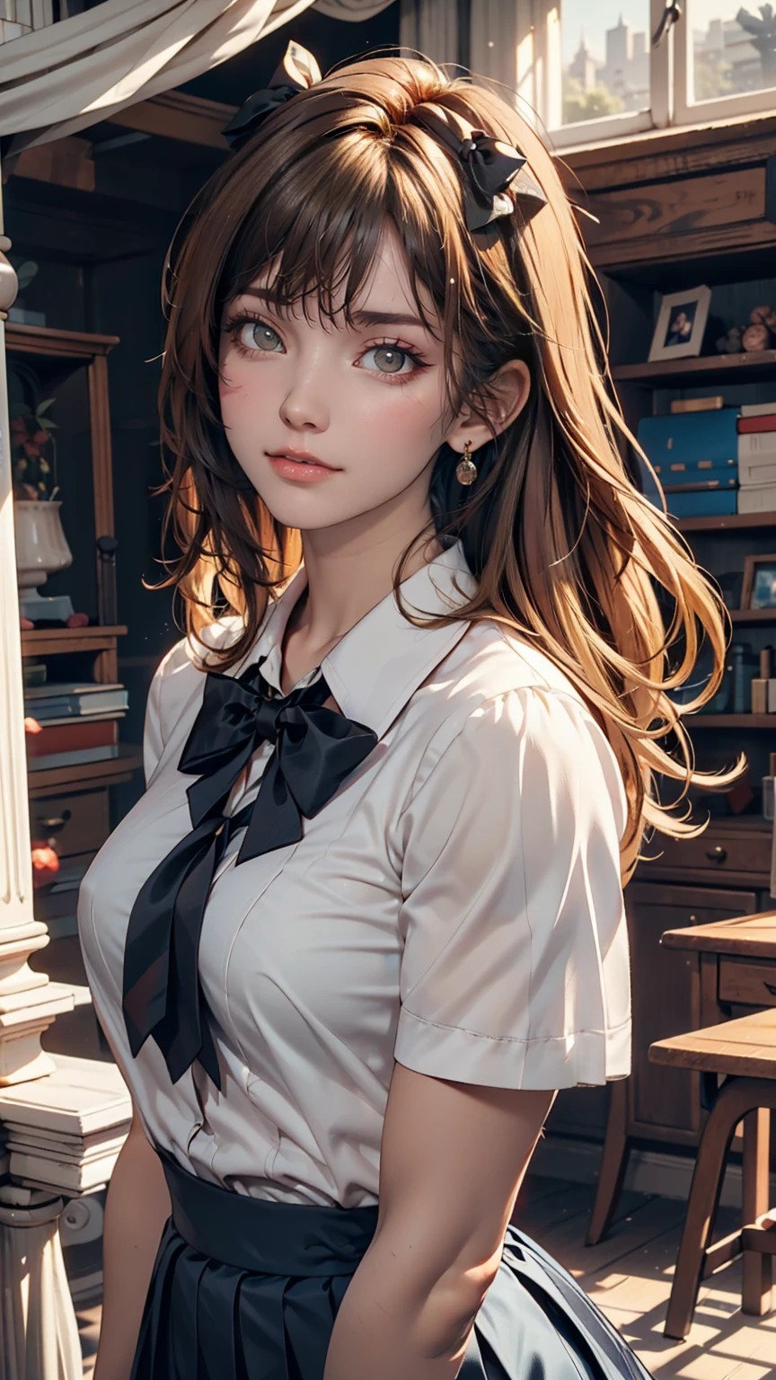 (Very delicate and beautiful: 1.2), One girl, Fashionable Girl, bangs, Cute eyes, bow, Brown Hair, Mouth closed, Landscape, Hair between the eyes, hair bow, Short sleeve, Looking at the audience, Medium Hair, alone, Upper Body, school uniform: 1.3, ((alone)), (masterpiece), blonde