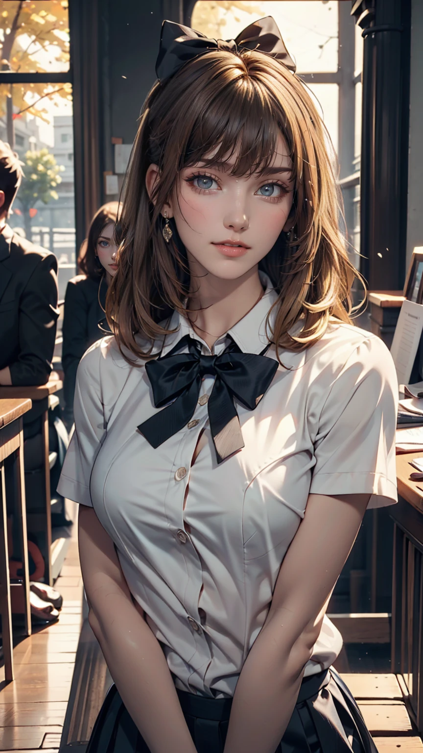 (Very delicate and beautiful: 1.2), One girl, Fashionable Girl, bangs, Cute eyes, bow, Brown Hair, Mouth closed, Landscape, Hair between the eyes, hair bow, Short sleeve, Looking at the audience, Medium Hair, alone, Upper Body, school uniform: 1.3, ((alone)), (masterpiece), blonde