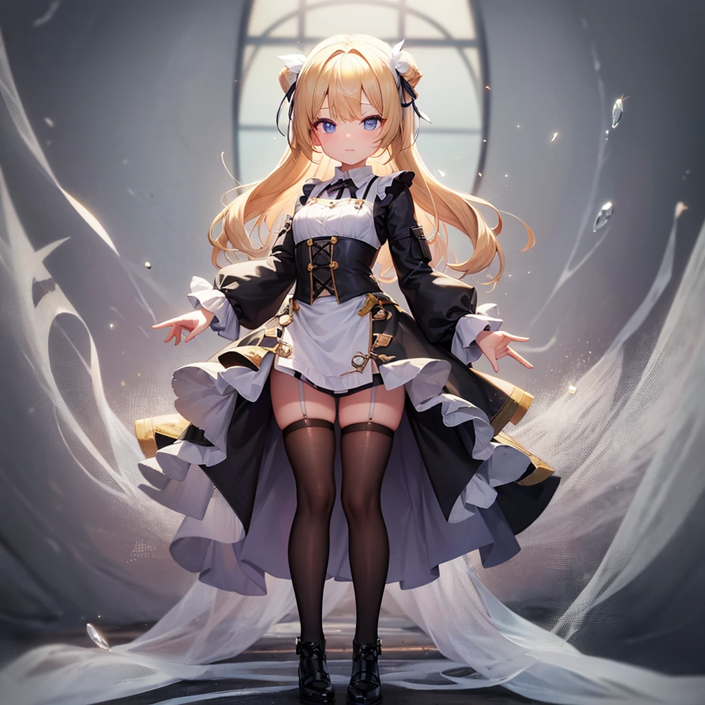 ((White apron)),Revealing clothing,(In a naughty way),Cute little ,Tiny ,Small girl,,Childish face, Very fine clean face,Top quality,Straight Hair,Yellow hair,(Dark Room), Subtle light, Natural light,Soft lighting,Light from directly behind, (Are standing),Front view,Black background