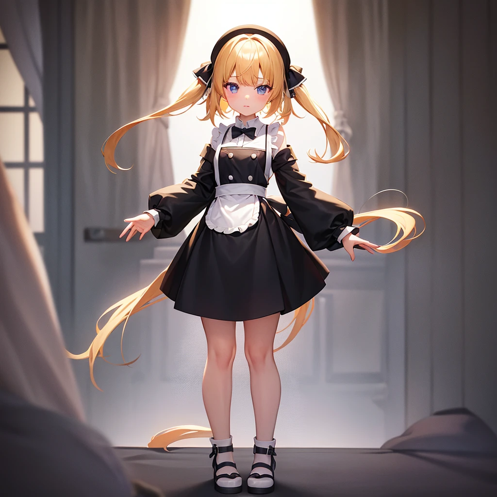 ((White apron)),Revealing clothing,(In a naughty way),Cute little ,Tiny ,Small girl,,Childish face, Very fine clean face,Top quality,Straight Hair,Yellow hair,(Dark Room), Subtle light, Natural light,Soft lighting,Light from directly behind, (Are standing),Front view,Black background