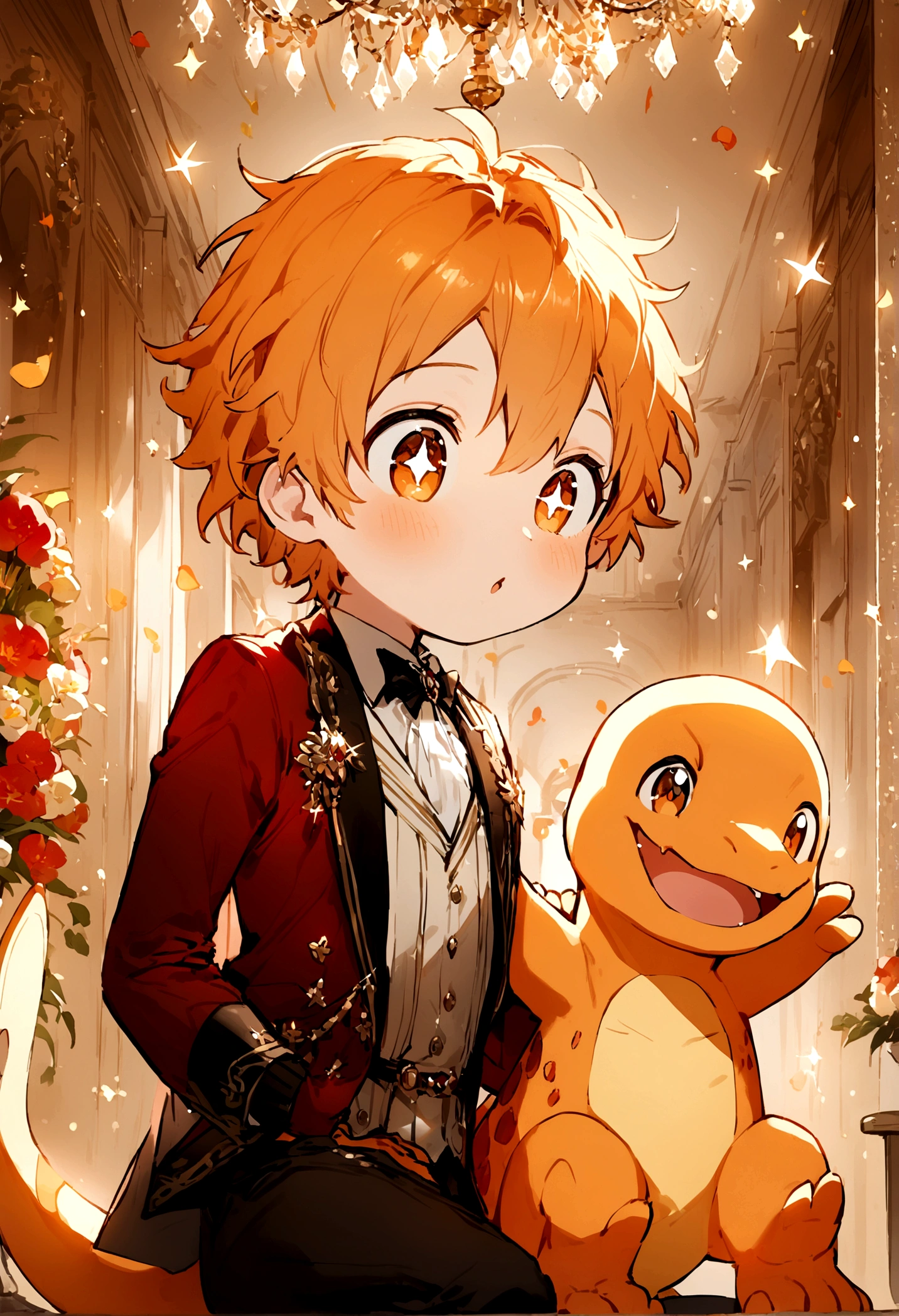 1 boy paying with Charmander, Charmander is playful and cute，Liveliness and agility，orange soft hairs，sparkling big eyes，Cute little 。(Charmander:1.5)