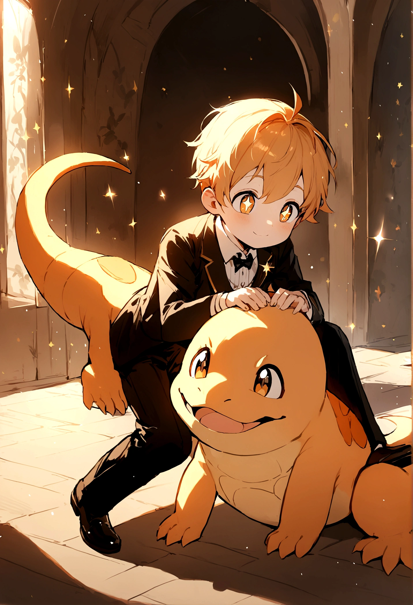 1 boy paying with Charmander, Charmander is playful and cute,Liveliness and agility,orange soft hairs,sparkling big eyes,Cute little 。(Charmander:1.5)