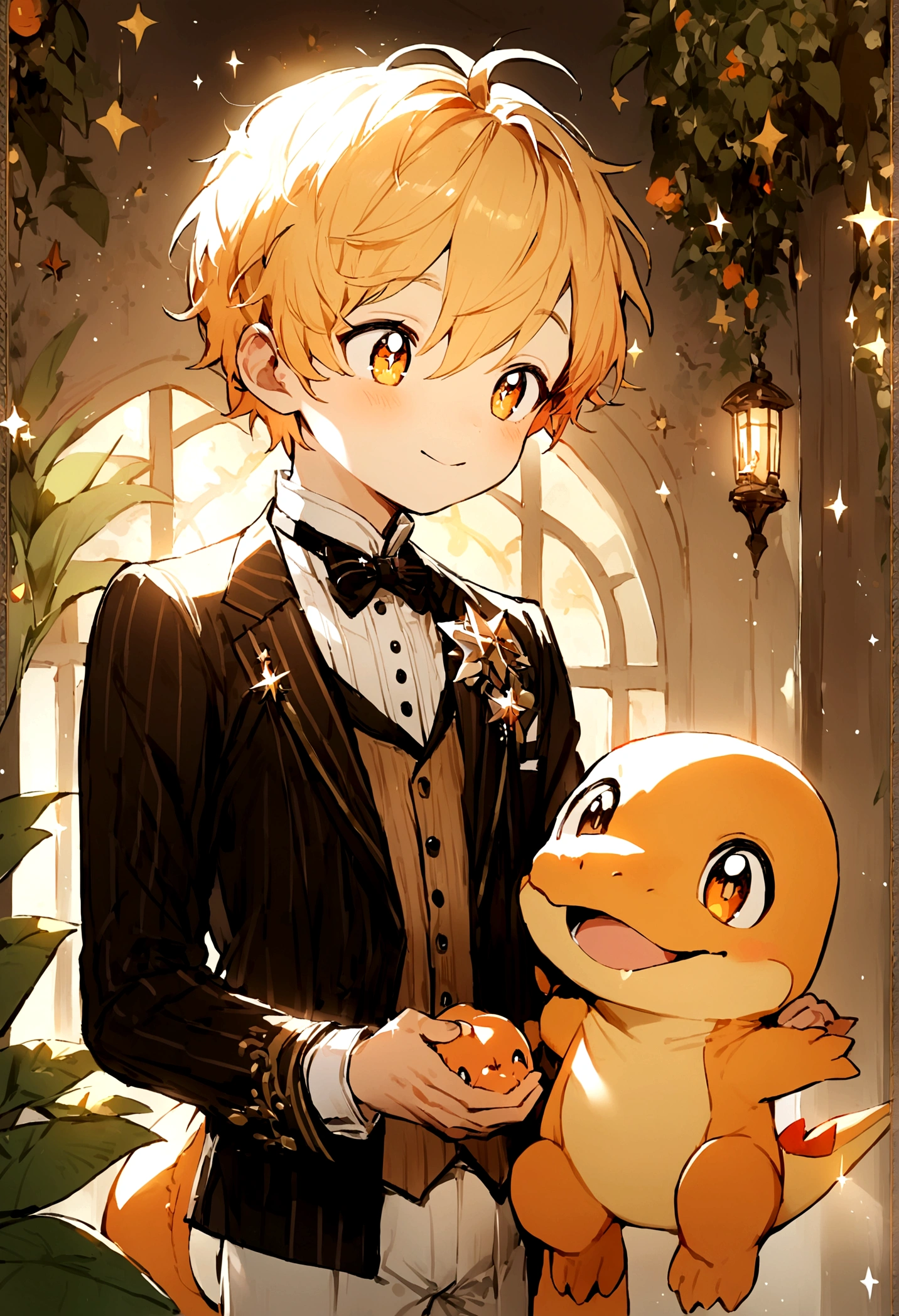 1 boy paying with Charmander, Charmander is playful and cute,Liveliness and agility,orange soft hairs,sparkling big eyes,Cute little 。(Charmander:1.5)