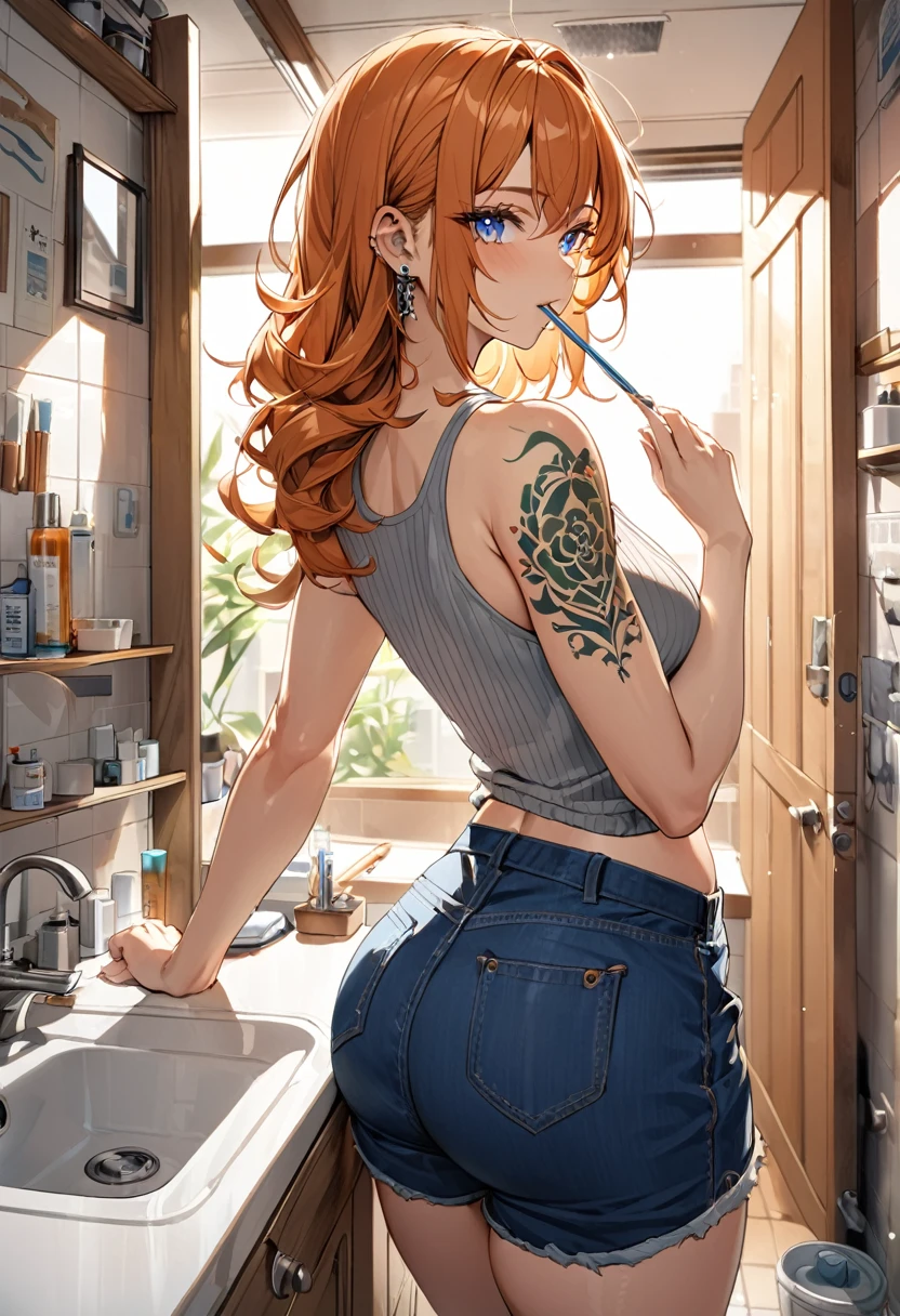 20 year old female, long orange hair, messy hair, perfect eyes, perfect silver irises, perfect pupils, thick thighs, thin ribbed tanktop, shorts, comfy clothes, many ear piercings, brushing teeth, looking back over shoulder, messy bathroom, small bathroom, highly detailed, best detail, best hands, right forearm tattoo, perfect tattoo, regular toothbrush, normal toothbrush, standing in front of sink, perfect hands, perfect fingers, prefect anatomy