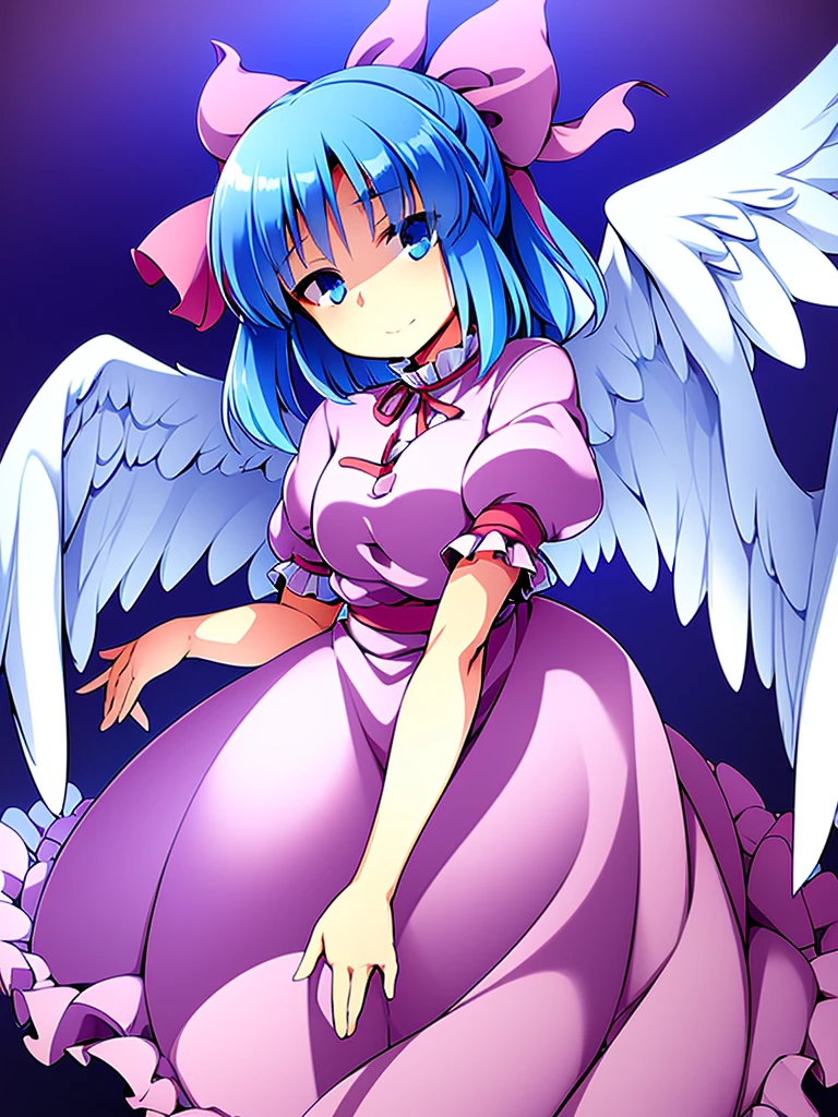 masterpiece, best quality, 1girl, , , 10 years old, medium blue hair, hair flaps, pink ribbon on head, well-formed face, blue eyes, angel girl, white blouse, puffy short sleeves, red ribbon, angel wings, long white skirt, red shoes, frills, ribbon head