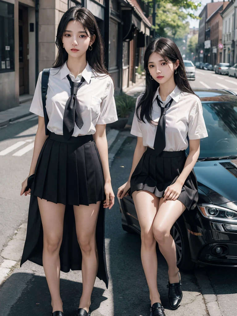 absurdres, RAW photo, extremely delicate and beautiful, masterpiece, Best Quality, ultra high resolution, 32k, hyperrealistic, ultra-detailed, in her 20s, delicate facial features, tearful mole, earring, medium breasts, ((full body shot)), shorter middle hair, black hair, ((summer school_uniform)), shirt, skirt, tie,