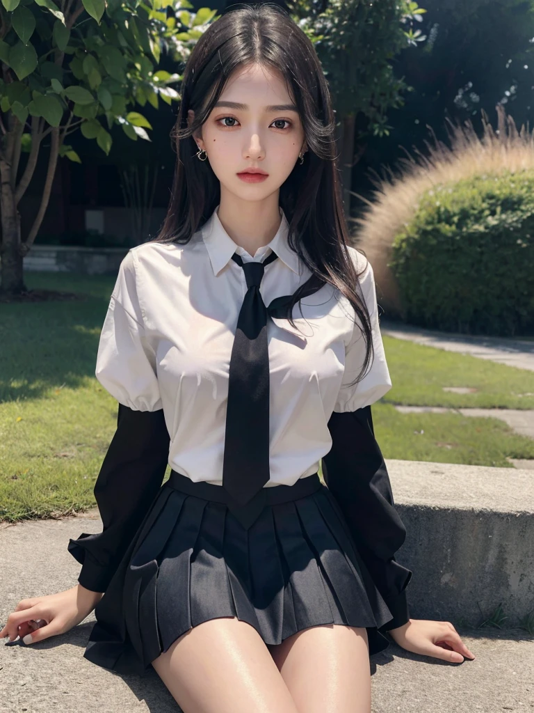 absurdres, RAW photo, extremely delicate and beautiful, masterpiece, Best Quality, ultra high resolution, 32k, hyperrealistic, ultra-detailed, in her 20s, delicate facial features, tearful mole, earring, medium breasts, ((full body shot)), shorter middle hair, black hair, ((summer school_uniform)), shirt, skirt, tie,