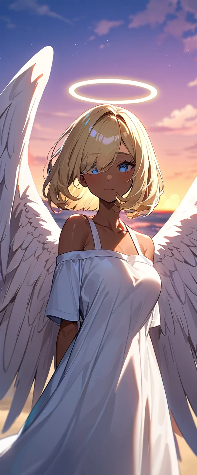 (((One girl))), ((tanned skin:1.2)), flying in the sky, ((angel, big big white wings:1.2, halo:1.3)), ((wavy hair)), evening, Sunset, sea, beach, ((blond hair, bob cut:1.3)), big breasts, teenager, (looking at viewer), oversized clothes, puffy long sleeves, collarbone, ((off-shoulder sweater dress:1.3, Quite thick shoulder straps)), (((sleeves past wrists:1.3))), ((white sweater)), collarbone, head tilt:1.3, (((blue eye))), ((happy smile)), (((anime style))), (best quality, 4K, 8K, highres, masterpiece:1.2, ultra-detailed, ultra-detailed eyes, HDR, uhd, studio lighting, ultra-fine painting, sharp focus, physically-based rendering, extreme detail description, professional, vivid colors, bokeh), ((Highest quality, Best image quality, Ultra-high resolution, Ultra-high resolution, solo, Strong eye highlights)), Depth of written boundary, Natural soft light, attractive, Beautiful Face, Cleanliness, Pure Face, medium chest, Beautiful Face, Perfect Fingers, Perfect hands, Perfect body, Perfect Face, Shine a light into your eyes, Perfect Anatomy