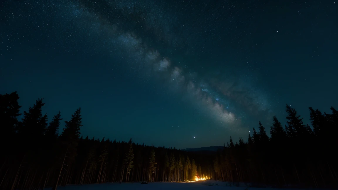 In the forest at night, the sky is full of stars and the moonlight shines gently.