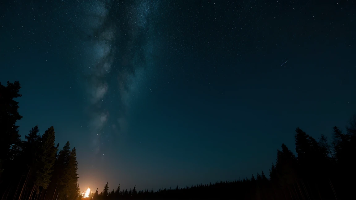 In the forest at night, the sky is full of stars and the moonlight shines gently.