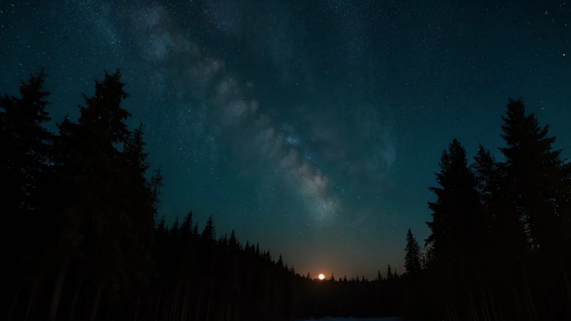 In the forest at night, the sky is full of stars and the moonlight shines gently.