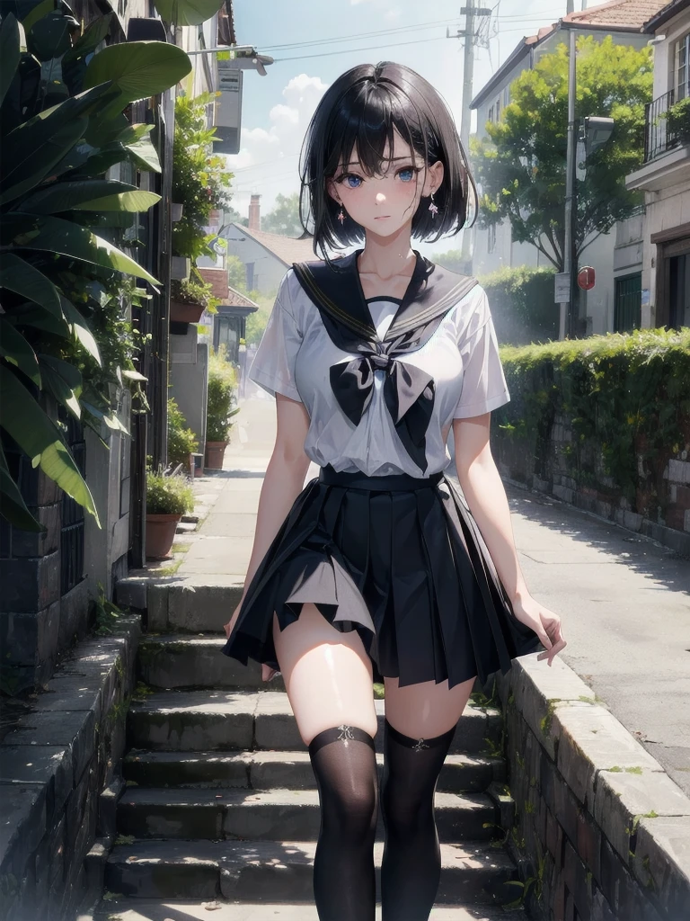 absurdres, RAW photo, extremely delicate and beautiful, masterpiece, Best Quality, ultra high resolution, 32k, hyperrealistic, ultra-detailed, in her 20s, delicate facial features, tearful mole, earring, medium breasts, full body shot, shorter middle hair, black hair, ((summer school_uniform)),