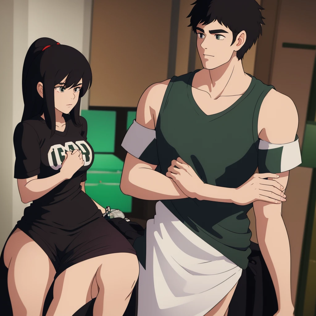 Big breasted woman, and long black hair, with boyfriend with black hair stylish hairstyle couple together with boston celtics shirt