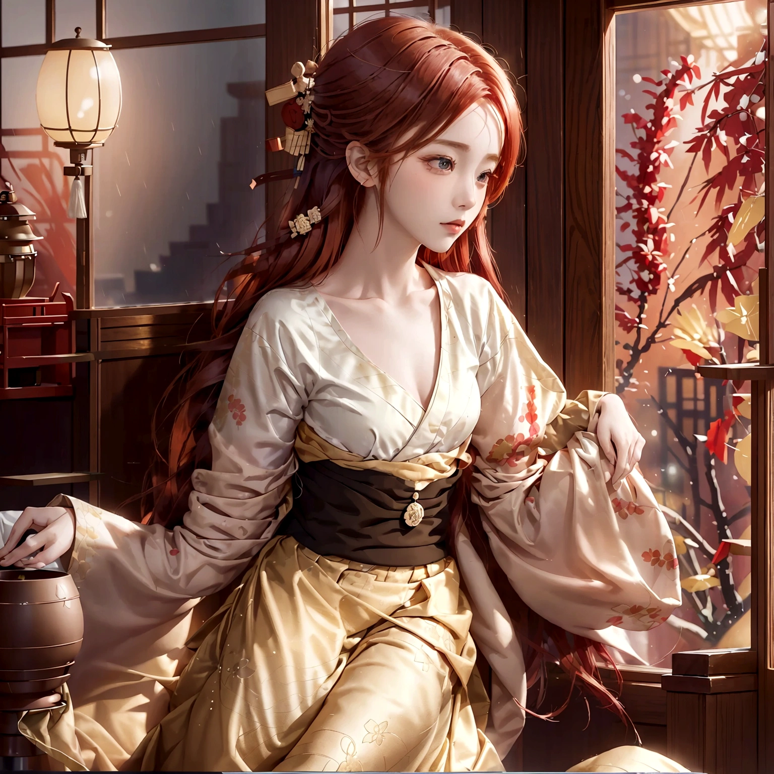 A beautiful woman with red hair sits and works in a beautifully decorated Japanese-style coffee shop. Looking out the window Where it's raining See a view of a small town full of warmth Color tones provide inspiration for work.