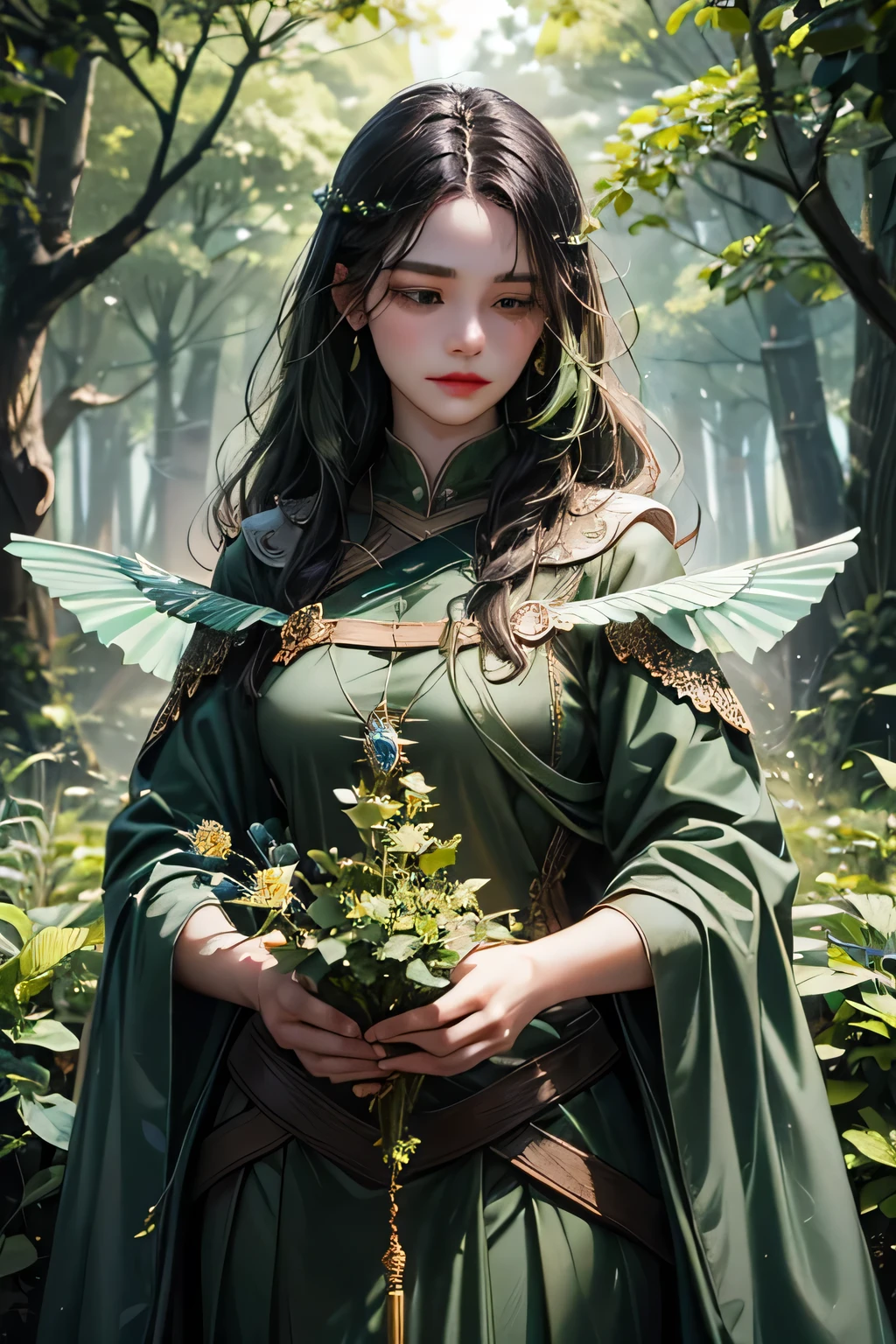 "Create an ultra-realistic image of a beautiful holding a magical staff that radiates the essence of nature. She should be dressed in a refined, ((((((dark green)))))) shaded outfit that reflects her deep connection to the natural world. Surround her with elements of nature, such as vibrant plants, blooming flowers, and serene forest scenery, showcasing her command over this element. Include a distinct nature symbol on her body, signifying her role as the keeper of nature and illustrating the powerful, nurturing energy of nature she holds within her."