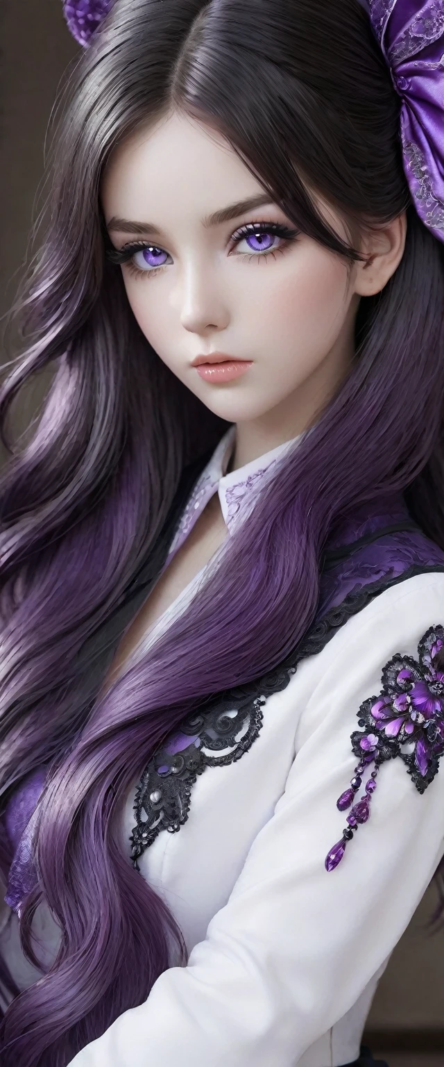 ((Photo noire et violet)), Sublime femme avec deux très longues queues de cheval de chaque côté, double queues de cheval, double twin ponytails, twin tails, Lèvres détaillées, Yeux détaillés, regard intense, cils détaillés, visage détaillé, long cheveux violet, visage de séduction, ((maquillage violet)), photo du milieu du corps, ((porte un costume)),(( Une cravate violette, photo noir et blanc et violet, only black and white and purple photo)), (((photo noir et blanc et violet, only black and white and purple photo, le maquillage et les cheveux, b/w, B&W,long twin ponytails)))