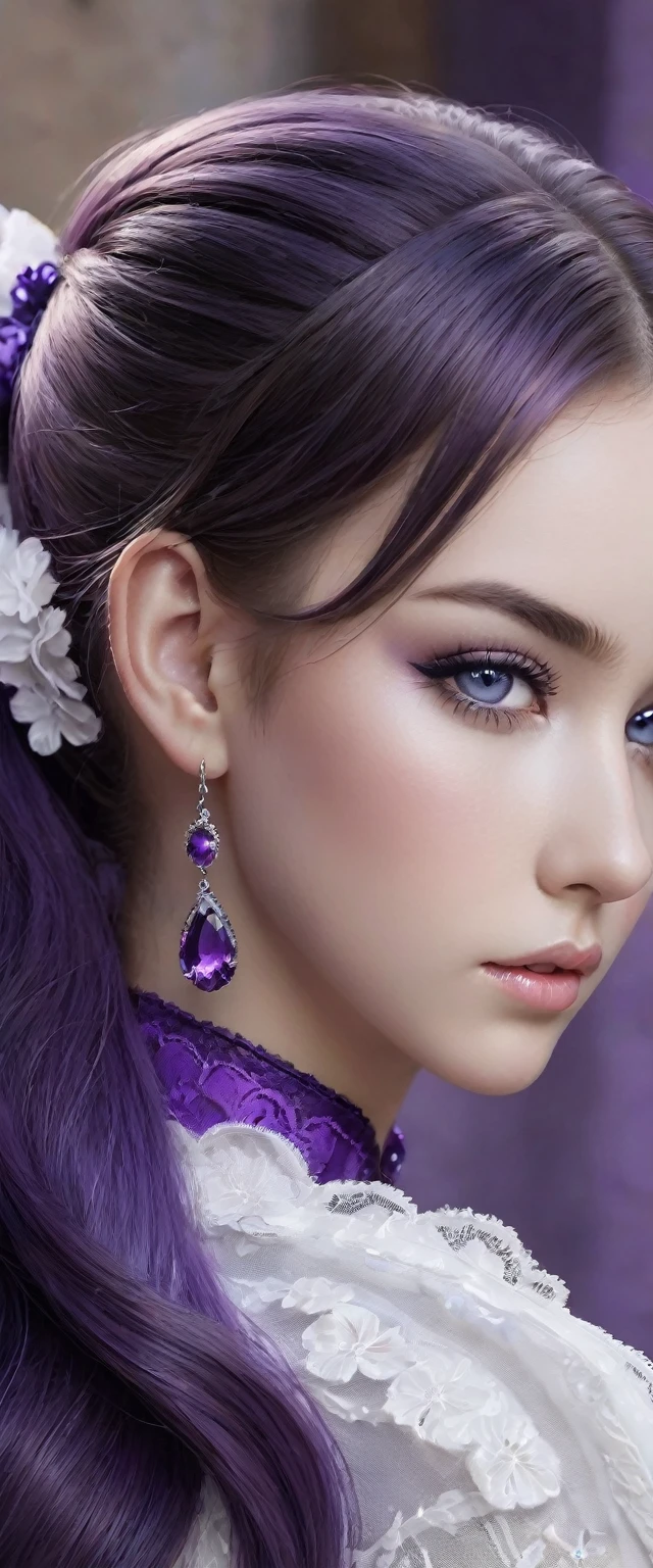 ((Monochrome, Photo noire et violet)), Sublime femme avec deux très longues queues de cheval de chaque côté, double queues de cheval, double twin ponytails, twin tails, Lèvres détaillées, Yeux détaillés, regard intense, cils détaillés, visage détaillé, long cheveux violet, visage de séduction, ((maquillage violet)), photo du milieu du corps, ((porte un costume)),(( Une cravate violette, photo noir et blanc et violet, only black and white and purple photo)), (((photo noir et blanc et violet, only black and white and purple photo, le maquillage et les cheveux, b/w, B&W,long twin ponytails)))