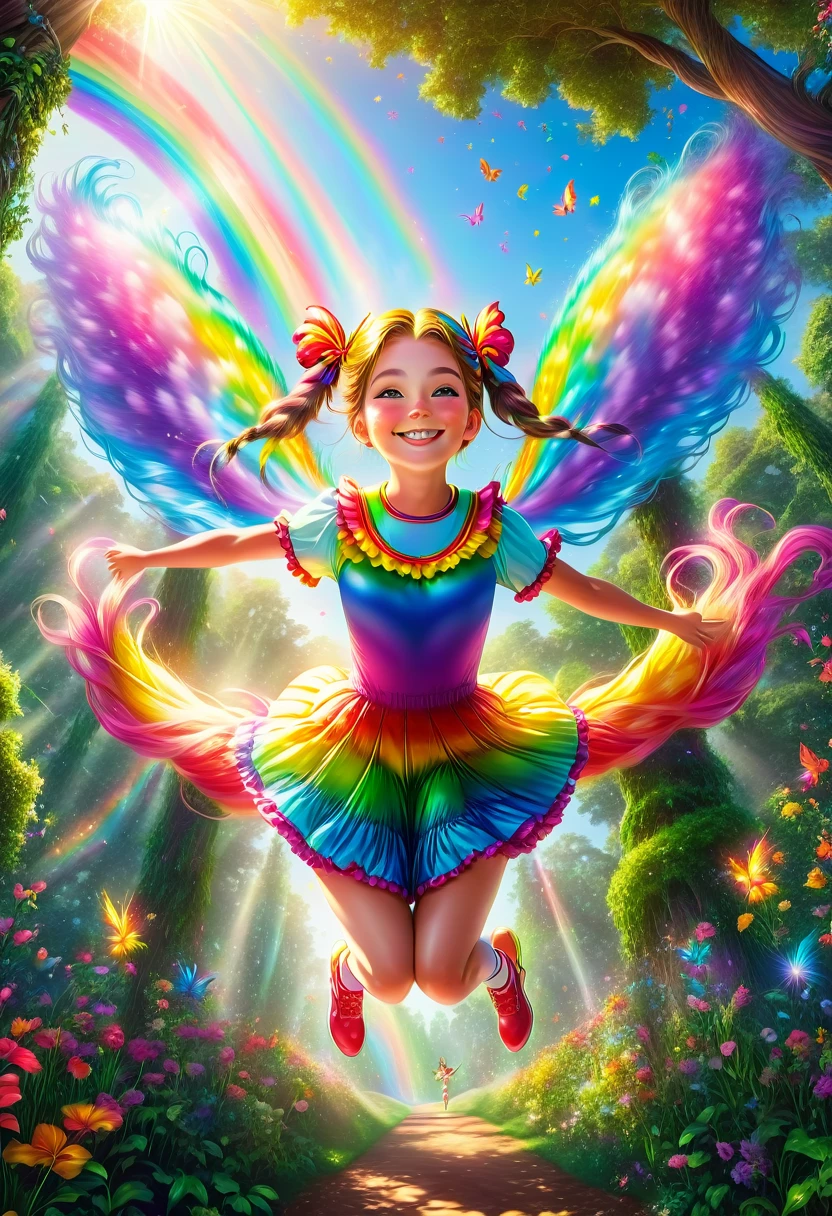 1girl, long rainbow colored twin tails:1.9, bright smiling expression, beautiful magical girl jumping down from tall trees in a magical garden, shining morning sunlight, low angle shot:1.75, close-up of the girl, extremely detailed, complex, photorealistic, 8k, HDR, cinematic lighting, vivid colors, soft and dreamlike
