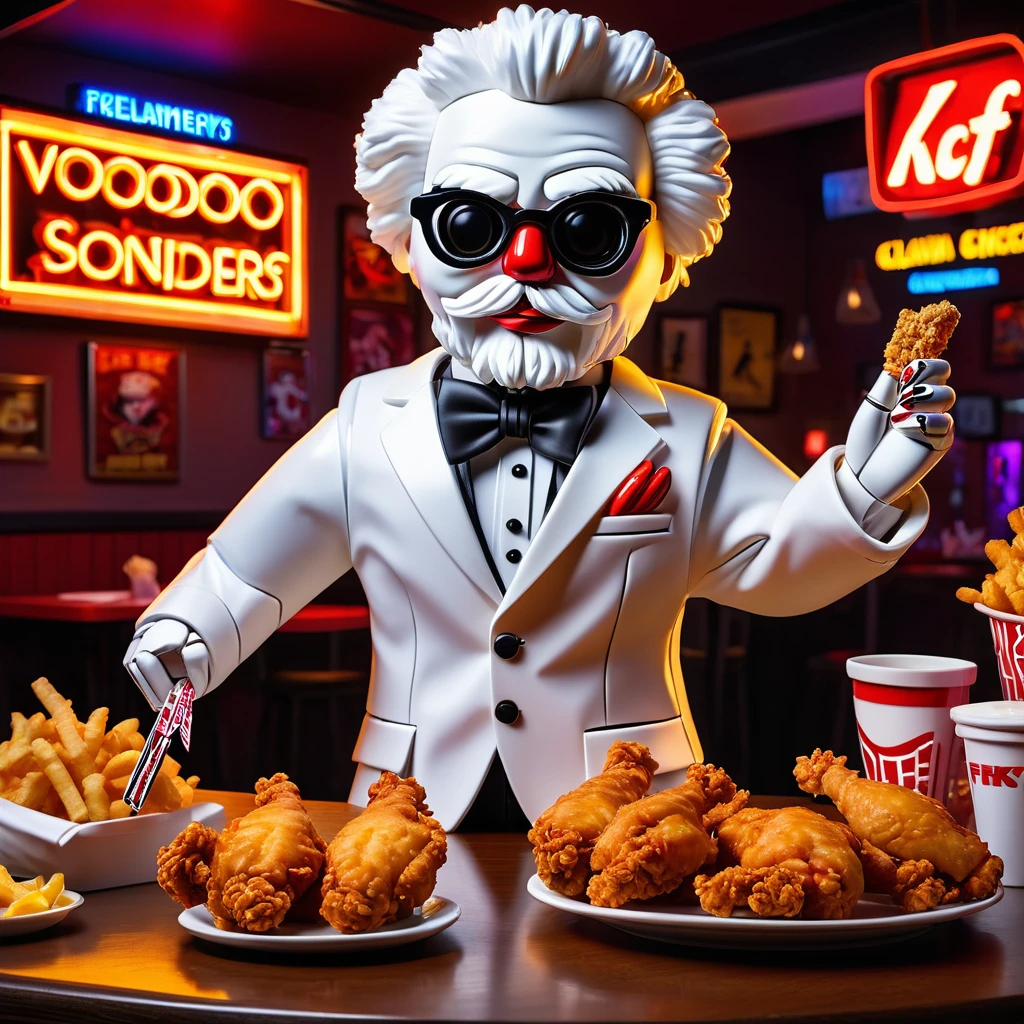 (knitted toy voodoo doll:1.8), (Voodoo Colonel Sanders:1.3), (Clothing: white suit with black bow tie:1.0), (Accessories: enchanted bucket of fried chicken, glowing drumsticks:1.1), (background: classic KFC restaurant with floating chicken pieces, glowing neon signs, and a cheerful atmosphere:1.2), best quality, masterpiece, detailed soft oil painting, detailed background, dramatic cinematic lighting, soft edge lighting, professional, dramatic lighting, hard edge lighting, ultra quality, 4k,masterpiece, best quality, 8k, ultra highres, highres, extremely detailed