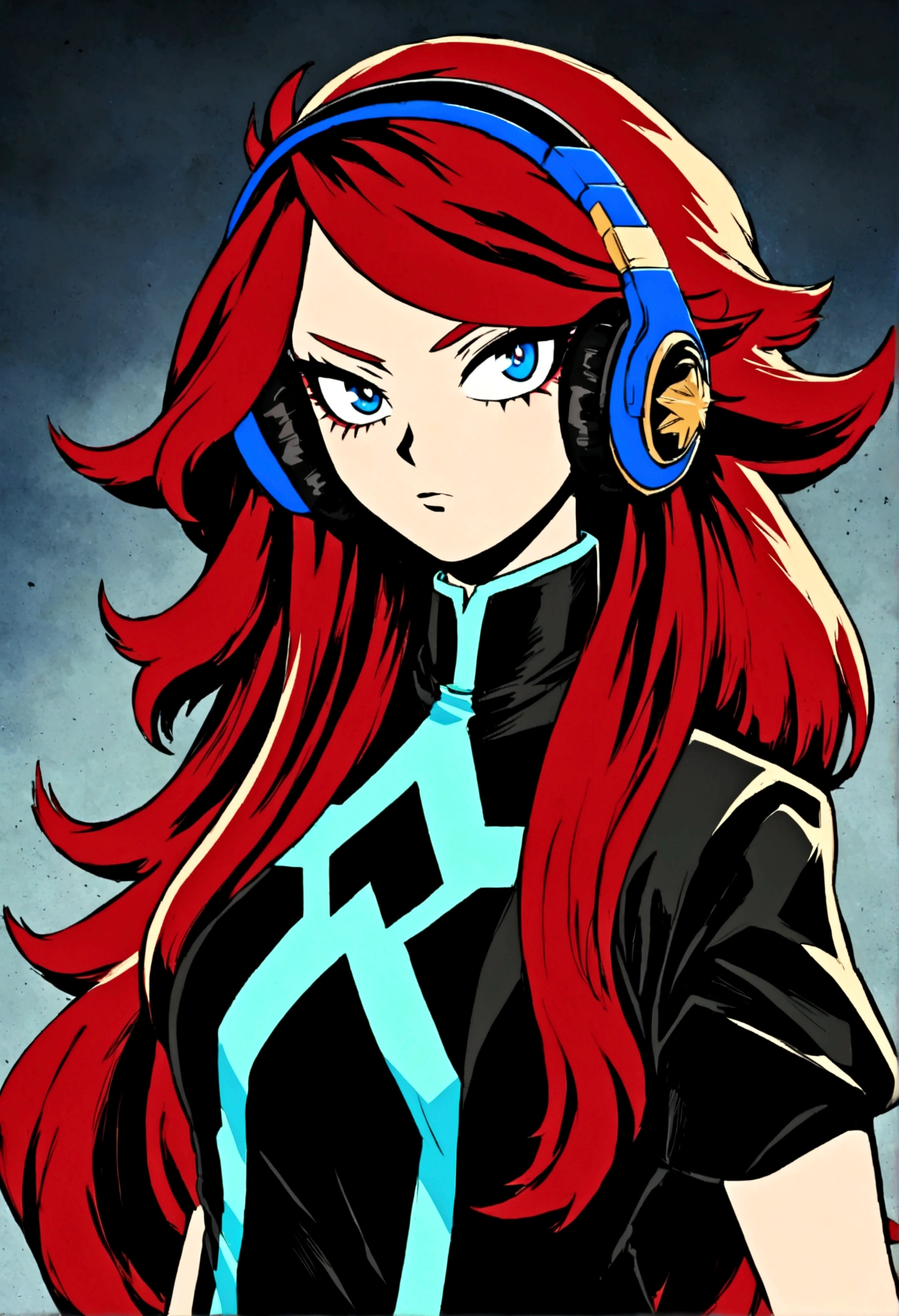 My hero academia anime art style, 16 year old girl, dark red volumious long layered hair, blue eyes fox eye shape with eyeliner, my hero academia uniform clothing, edgy mysterious vibe, intense innocent beauty, headphones, very pretty, tattoo