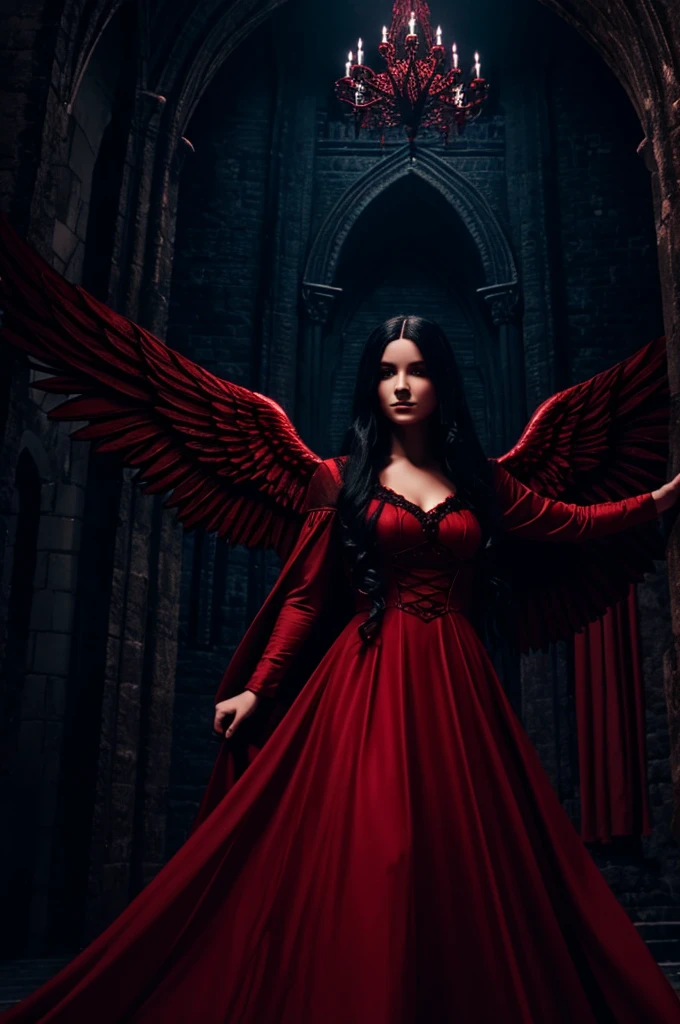 an angel woman, long flowing black hair, wearing a red gown, flying over a dark castle in Hell, fantasy lighting, bright atmosphere, fantasy, gothic