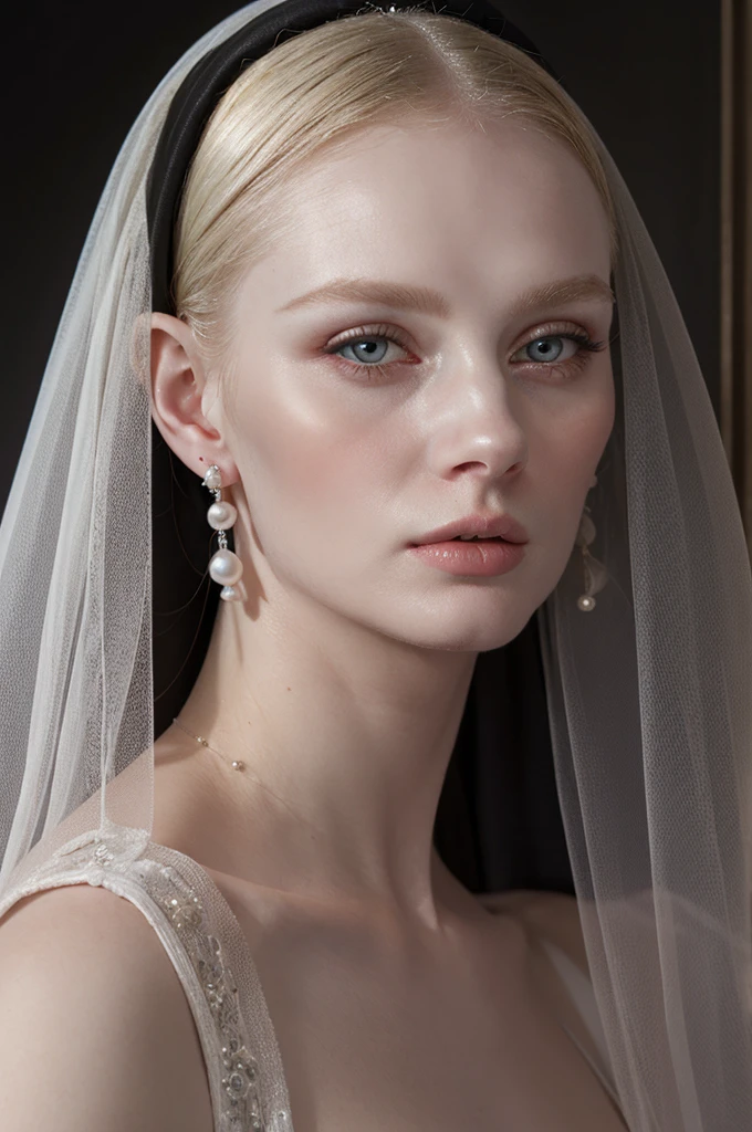 a blonde woman wearing black veil and pearl earrings poses for a picture, pearl earring, girl with pearl earring, girl with the pearl earring, girl with a pearl earring, girl with a pearl earringl, monia merlo, johannes vemeer, steven meisel, with pale skin, pale woman, inspired by Johannes Vermeer, with a white complexion