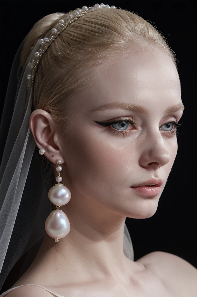 a blonde woman wearing black veil and pearl earrings poses for a picture, pearl earring, girl with pearl earring, girl with the pearl earring, girl with a pearl earring, girl with a pearl earringl, monia merlo, johannes vemeer, steven meisel, with pale skin, pale woman, inspired by Johannes Vermeer, with a white complexion