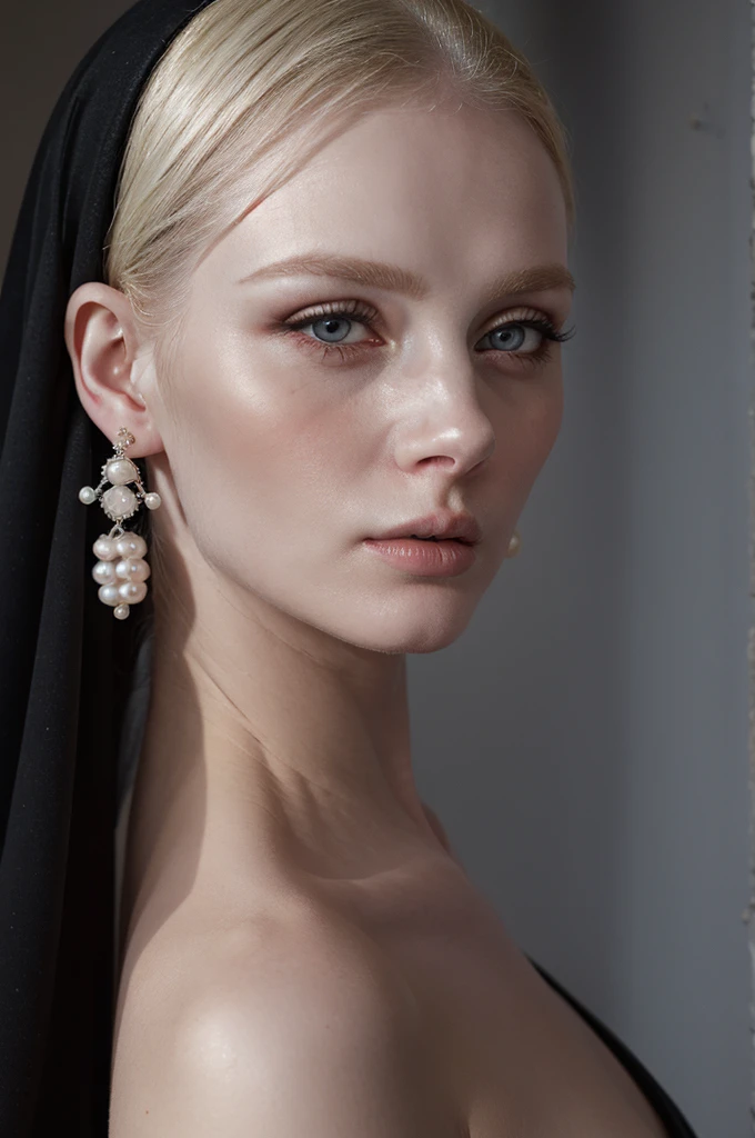 a blonde woman wearing black veil and pearl earrings poses for a picture, pearl earring, girl with pearl earring, girl with the pearl earring, girl with a pearl earring, girl with a pearl earringl, monia merlo, johannes vemeer, steven meisel, with pale skin, pale woman, inspired by Johannes Vermeer, with a white complexion