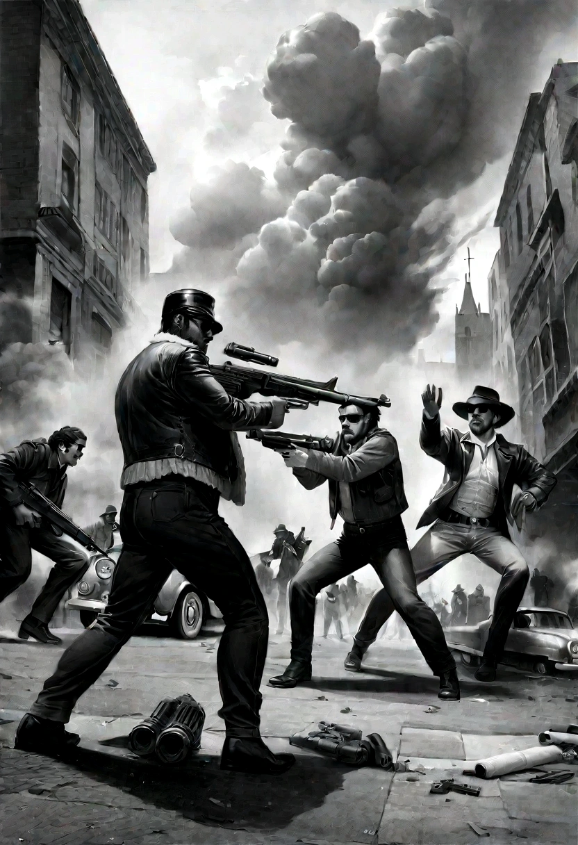 (realistic image, rich in details) war, civil war, in the middle of the city, large buildings, fight between gangs, gangsters from the 70s, machine guns, vintage cars, 70s, rival groups, exchange of shots, explosive scenery, explosion , smoke, monochromatic, gray scales, shades of gray.
