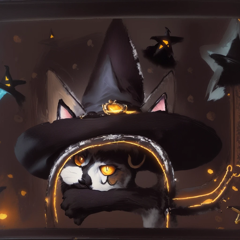 painting of a cat wearing a witch hat and holding a wand, cat witch, oil painting of cat witch, cat with a hat, witchy, halloween art style, evil realm magic painting vibes, archwizzard in a hat, wearing a witch hat, added detail, cat wearing a top hat, gouache on paper, super math wizard cat, painting of a cat